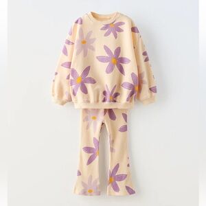 Zara Kids - Floral Sweatshirt and Flare Leggings Matching Set - Ecru